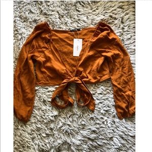 Plunging Neck Tied Bowknot Crop Blouse
